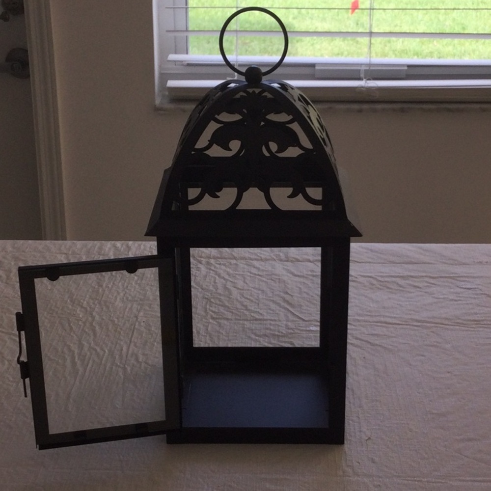 Black Decorative Metal Lantern with Filigree Top - Brand JHY Design.  ##